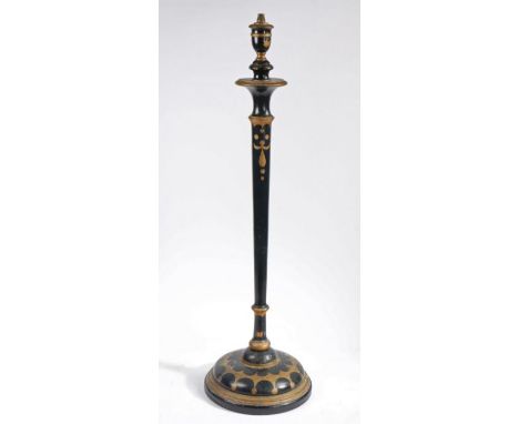 Black and gold painted standard lamp, with knopped and tapering column, with rounded circular foot, 157cm tall