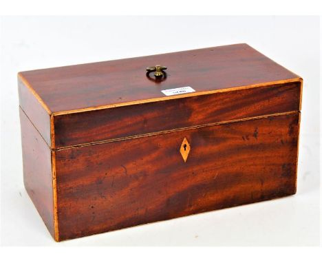 A George III mahogany and boxwood strung tea caddy, with a diamond key hole escutcheon, 30cm wide 15cm deep 15cm high&nbsp;&n