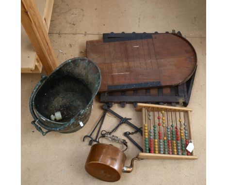 A Victorian brass coal bin, Vintage shove h'apenny board, and another, abacus etc 