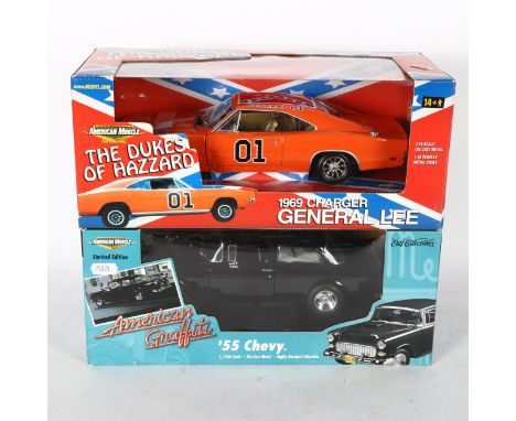 AMERICAN MUSCLE - The Dukes Of Hazzard 1969 Charger General Lee, and American Graffiti 55 Chevy 1/18 scale diecast models in 