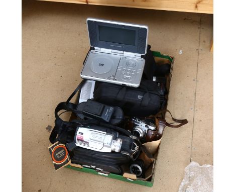 Various Vintage cameras and hand-held video recorders, including Panasonic, Voigtlander, Proline portable DVD player etc 