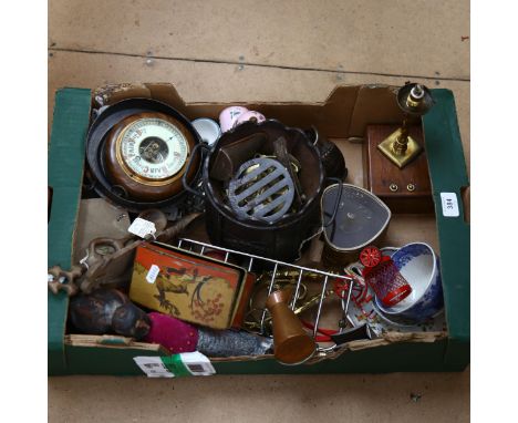 Cast-iron stove, aneroid barometer, mid-century shower bath shelf, loving spoons, horse brasses etc (boxful) 
