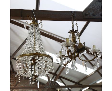 A brass bell-shaped ceiling light, with glass lustres, and a brass Art Nouveau style light chandelier, with glass lustres 