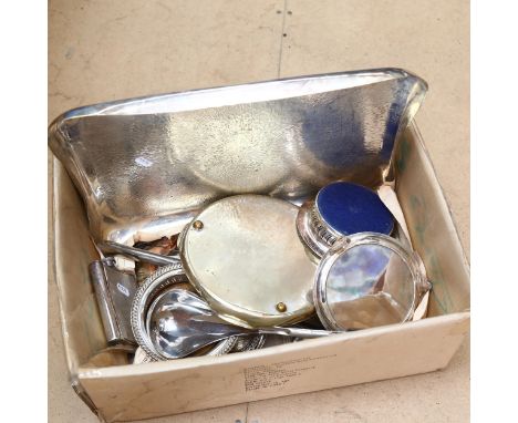 Silver plated serving trays, a pair of silver plate on copper wine coasters, a Rosenthal ladle, and a quantity of Rosenthal c