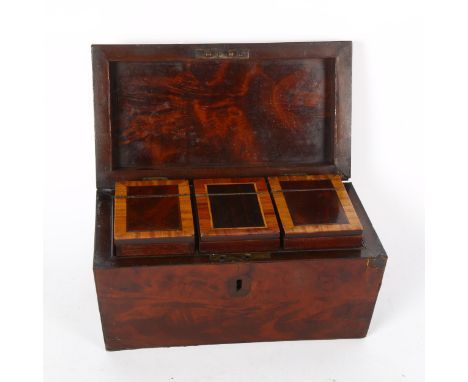 A Regency mahogany tea caddy, with 3 fitted boxes, and a Victorian rosewood dome-top tea caddy (2) 