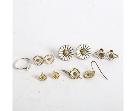 A group of silver-gilt and white enamel daisy design earrings, including clip-on, some by Volmer Bahner 