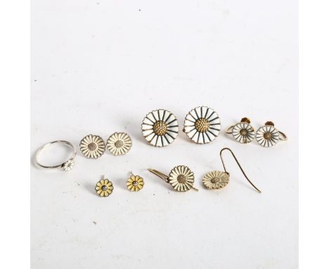 A group of silver-gilt and white enamel daisy design earrings, including clip-on, some by Volmer Bahner 