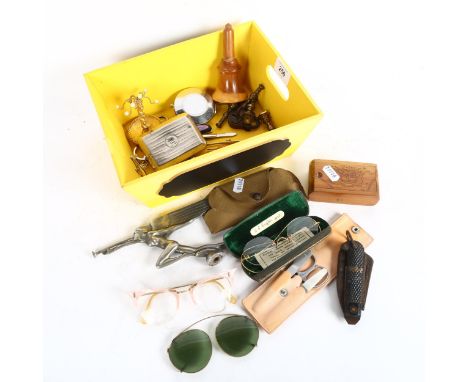 A Vintage car mascot, miniature brass candlesticks, compact cases and mirrors, Vintage glasses and cases etc 