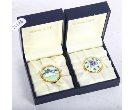 2 boxed Moorcroft enamel pillboxes, with sheep and floral decoration 
