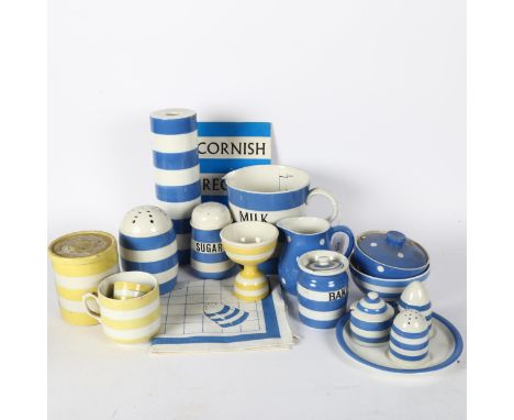 A group of Vintage T G Green's blue and yellow stripe Cornish kitchenalia, to include a Green & Co rolling pin, tea towel and