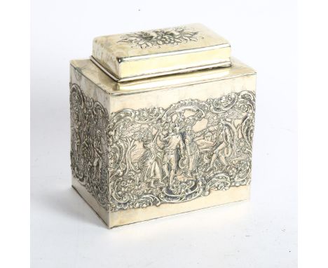 A decorative silver plated tea caddy, with embossed dancing figure decoration 