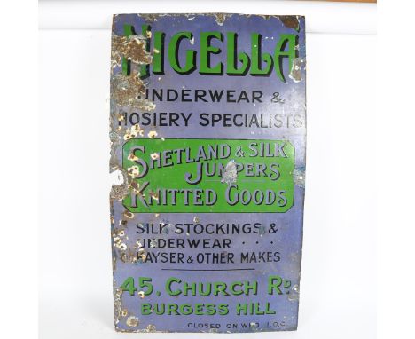 A Vintage Nigella Underwear and Hosiery Specialist's enamel advertising sign, Shetland and Silk Jumpers, Knitted Goods, Silk 