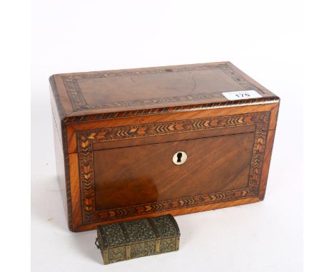 A Regency mahogany chequer-banded tea caddy (no lids), and a small brass dome-top box (2) 