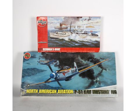 Airfix North American Aviation P-51K/RF Mustang IVA 1/24 scale model kit, boxed and unused, and an Airfix German S-Boat 1/72 