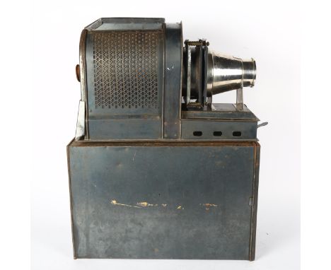 A tin plate magic lantern, in original metal carrying case, length 38cm 