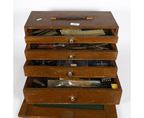 Vintage Neslein tool chest or engineer's cabinet, drawers are full of various small tools and instruments, no key with cabine