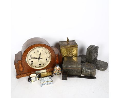 A brass tea caddy and 2 pewter -covered wooden boxes, 2 pewter bookends, all other than the hexagonal box decorated with sail