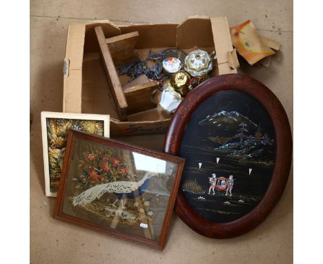 A small pine stool, needlework picture of a pheasant, an Oriental lacquered panel etc (boxful) 