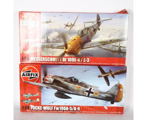 Airfix Focke-Wulf FW190A-5/A-6 1/24 scale model kit, boxed and unused, and an Airfix Messerschmitt BF106E-4/E3 1/24 scale mod