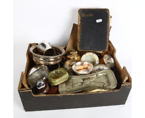 A collection of Vintage lighters, a chamber stick, hip flask, Oriental white metal dish etc (boxful) 