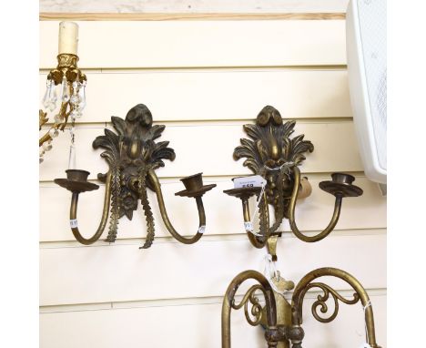 A pair of Vintage twin-branch brass wall lights, height 26cm 