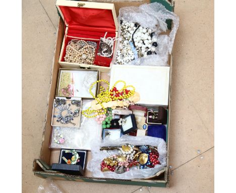 A quantity of Vintage costume jewellery, including gilt brooches, silver marcasite earrings, brooches, mother-of-pearl neckla