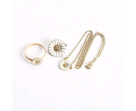 ANTON MICHELSEN - a silver and white enamel daisy pattern necklace, brooch, and a similar ring (3) 