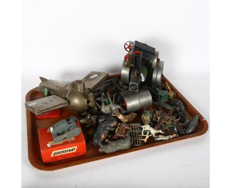 A quantity of Vintage toys, including lead tin animals for farm and zoo, a tin handmade aeroplane and tank, also including a 