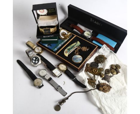 A tray of various quartz and mechanical wristwatches, including Junghans, Rostini, various military badges, pocket watch etc 