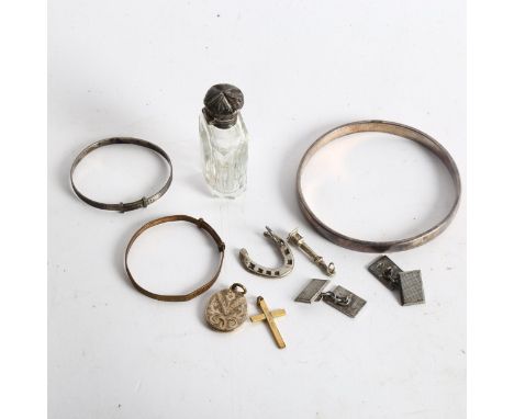 A group of silver and other jewellery, including a plain form bangle and a christening bangle, cufflinks etc 