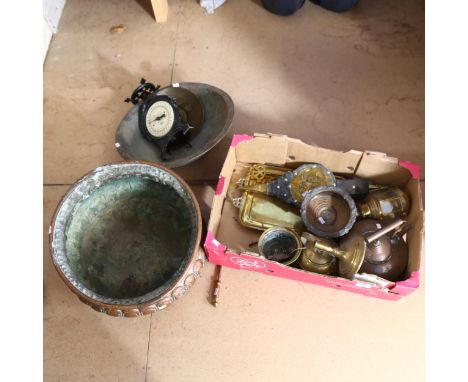 Copper pot, bellows, tray, lantern etc 