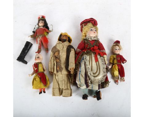 A set of 3 Vintage miniature porcelain-head dolls, and 2 others, largest 22cm 