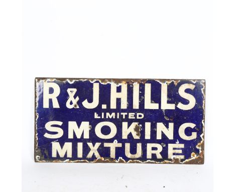 A Vintage R & J Hills Ltd Smoking Mixture double-sided enamel advertising sign, 23cm x 46cm1 side has 3 large central losses,