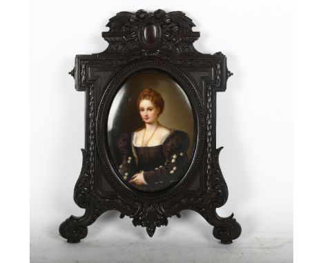 Portrait on panel of a lady, in ornate ebonised frame, height 25cm overall 