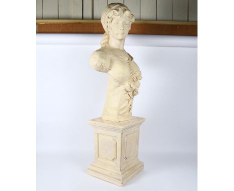 A large painted plaster figural bust sculpture on plinth, signed Isabella, overall height 103cmA few small chips around base 