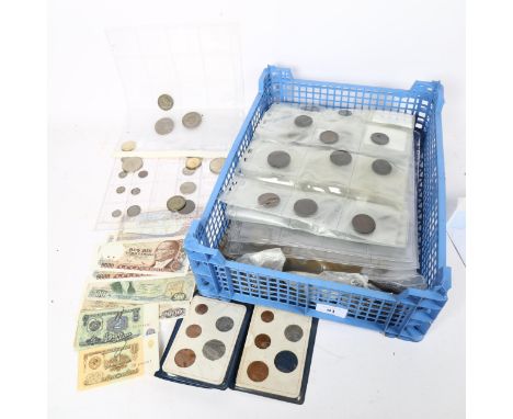 A quantity of world coins and banknotes, including enamel crown brooch etc 