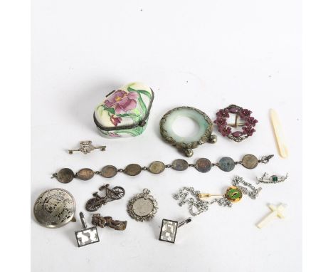 A jade and white metal mounted pendant, a floral and enamel buckle, three penny bit coin bracelet etc 