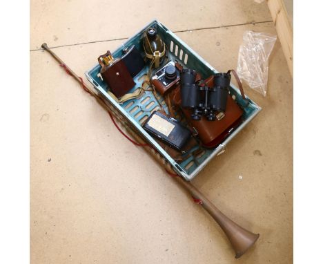 Various Vintage cameras and binoculars in cases, hip flasks, and brass coaching/hunting horn 