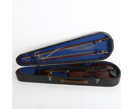 A Vintage violin and bow in case, spare bow in case alsoBoth bows and violin itself will need significant repair, 2 strings m