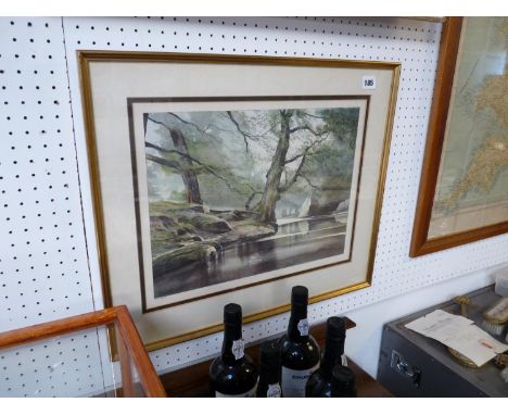 R M Bolton signed print of a riverside scene 