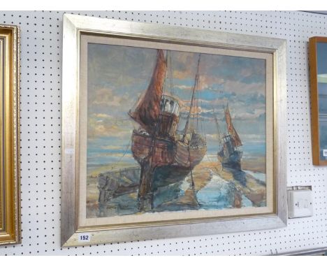 R C Trow, mixed Medium on board of Fishing boats at low tide, 56 x 46cm 