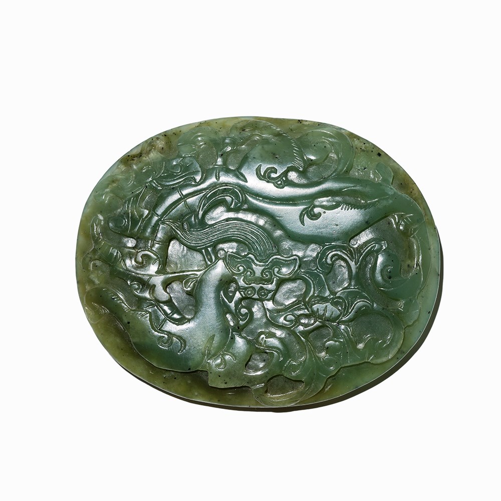 Spinach Green, Oval Jade Belt Buckle with a Dragon, Qing Spinach green ...