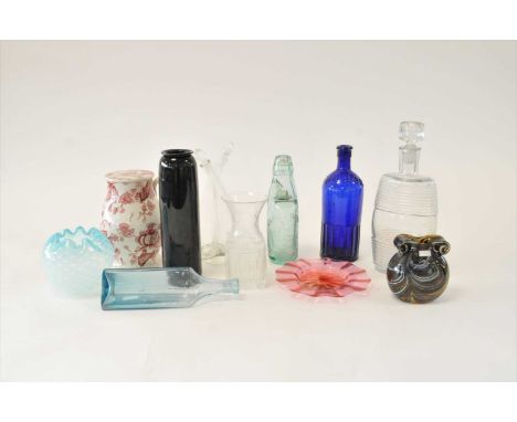 A collection of glass, 20th century, including a Whitefriars 'Greek Key' glass vase designed by Geoffrey Baxter, blue poison 