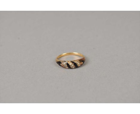 A 19th century black enamel and rose cut diamond ring, the yellow metal shank not stamped, ring size M, weight approx 3.1g