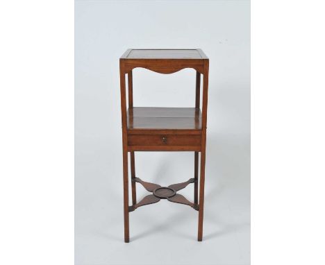 A small 19 th century mahogany three tier shaving / wash stand, with a caddy top and shaped apron over a platform tier accomm