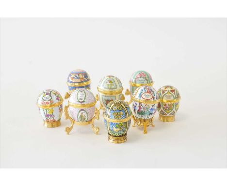 A collection of Halcyon Days and Bilston/Battersea enamel pillboxes comprising Easter Eggs of the Year dated: 1973, 1974, 197