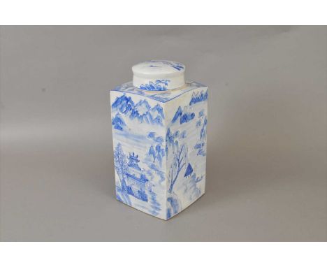 A large blue and white caddy jar, of squared form, in the Chinese style, painted with figures amongst landscapes, 35 cm high,