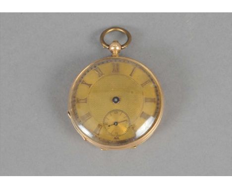 Open face pocketwatch with engine turned dial, stamped 14k, hands and crystal missing/ at fault, movement with compensated ba