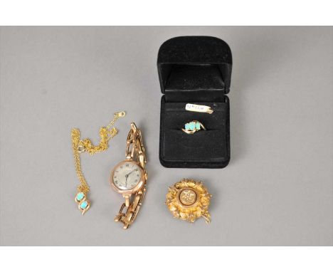 A three stone opal ring , stamped ‘14ct’, together with an opal pendant on chain, a late 19 th century seed pearl set locket 