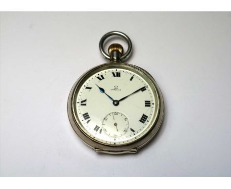 A Silver Gentlemans Omega Pocket Watch with White Enamel Dial, Blued Steel Spade and Whip Hands and Engine-Turned Case-back.